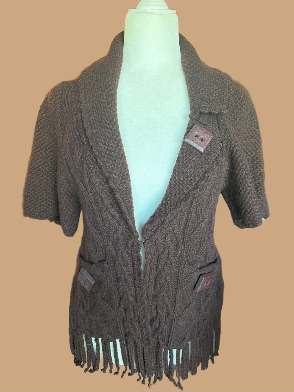 Anthropologie Sleeping On Snow Cardigan Brown Cable Knit Fringe M